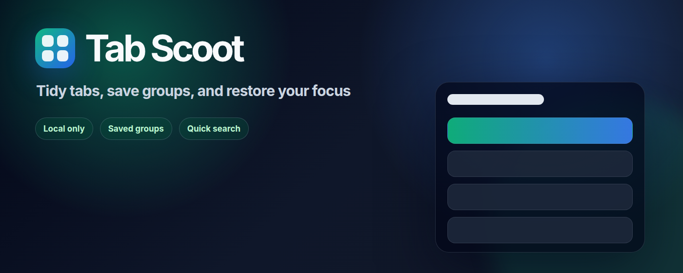 Tab Scoot promotional banner: extension popup and tab management UI