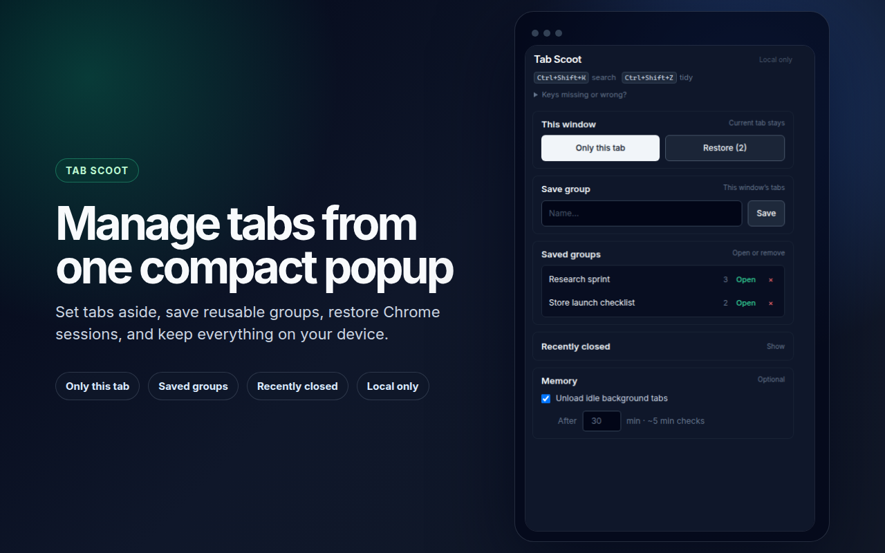 Tab Scoot popup showing current window, set-aside, save group, and shortcuts