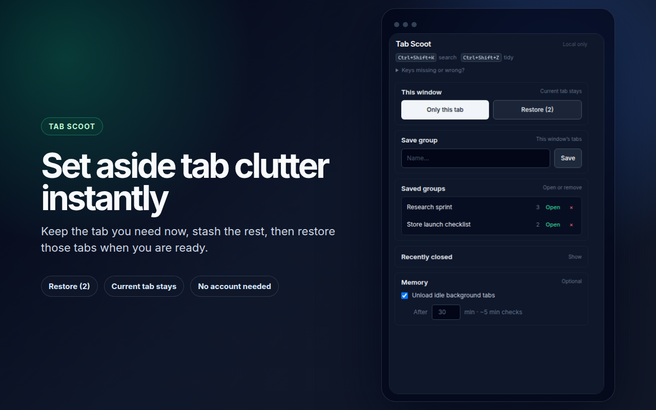 Tab Scoot set-aside mode before and after tidying tabs