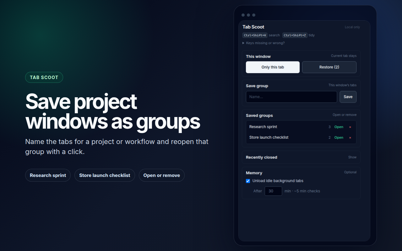 Tab Scoot saved tab groups list in the popup