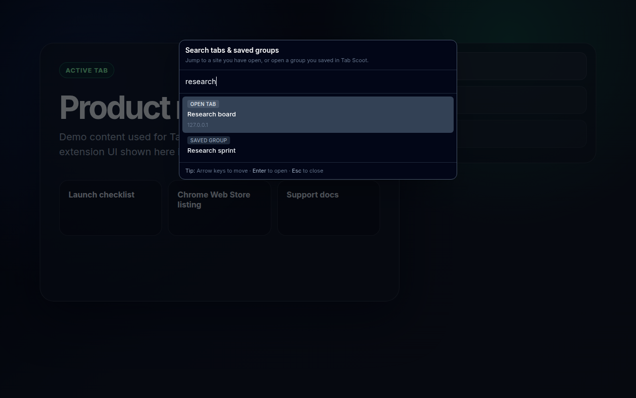 Tab Scoot command palette with search results