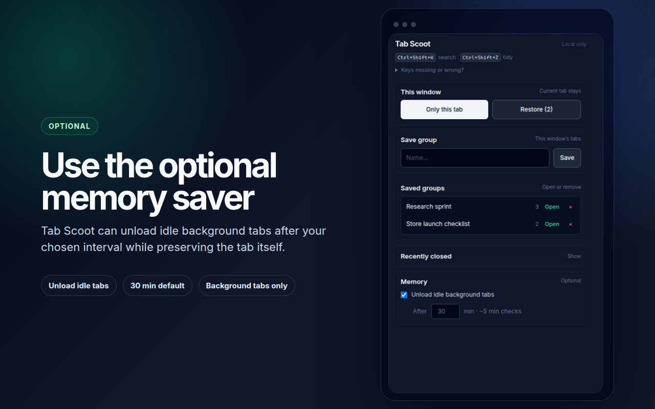 Tab Scoot memory saver optional setting in the popup